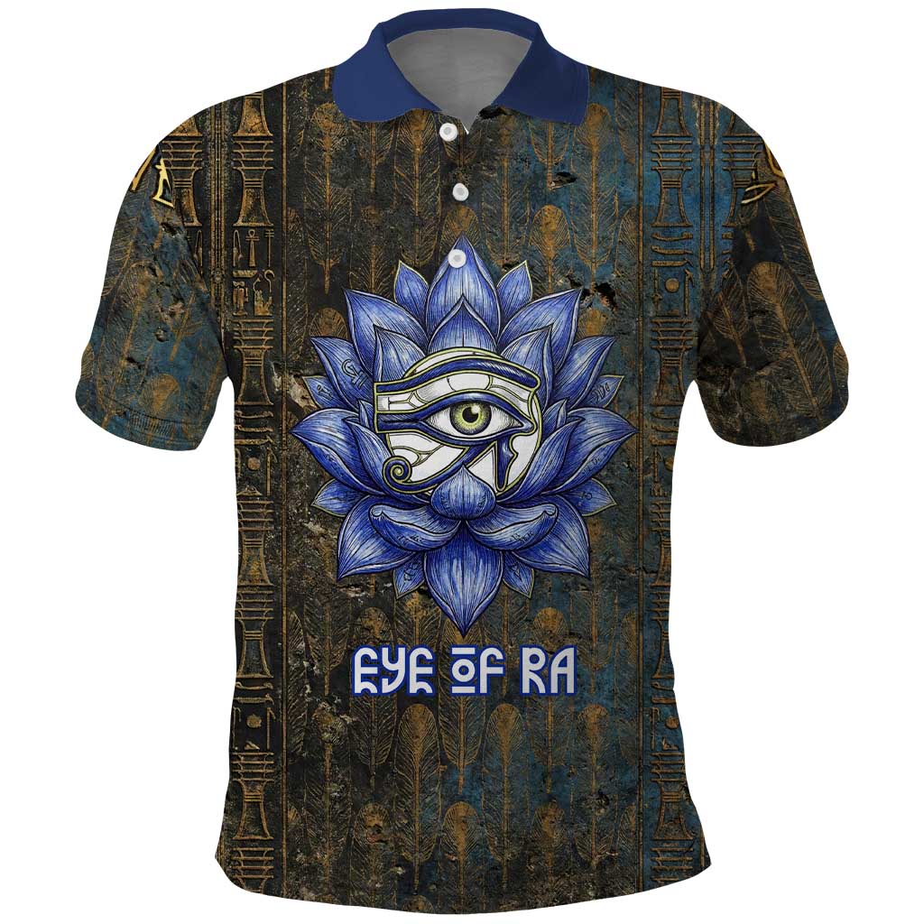 Khepri Ancient Egyptian Polo Shirt Dark Hieroglyphic, Blue Lotus Eye Symbol, and Winged Scarab Resurrection - African Pride