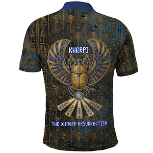 Khepri Ancient Egyptian Polo Shirt Dark Hieroglyphic, Blue Lotus Eye Symbol, and Winged Scarab Resurrection - African Pride
