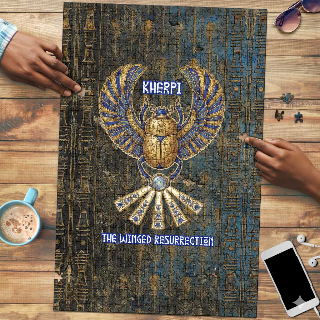 Khepri Ancient Egyptian Puzzle Dark Hieroglyphic, Blue Lotus Eye Symbol, and Winged Scarab Resurrection - African Pride