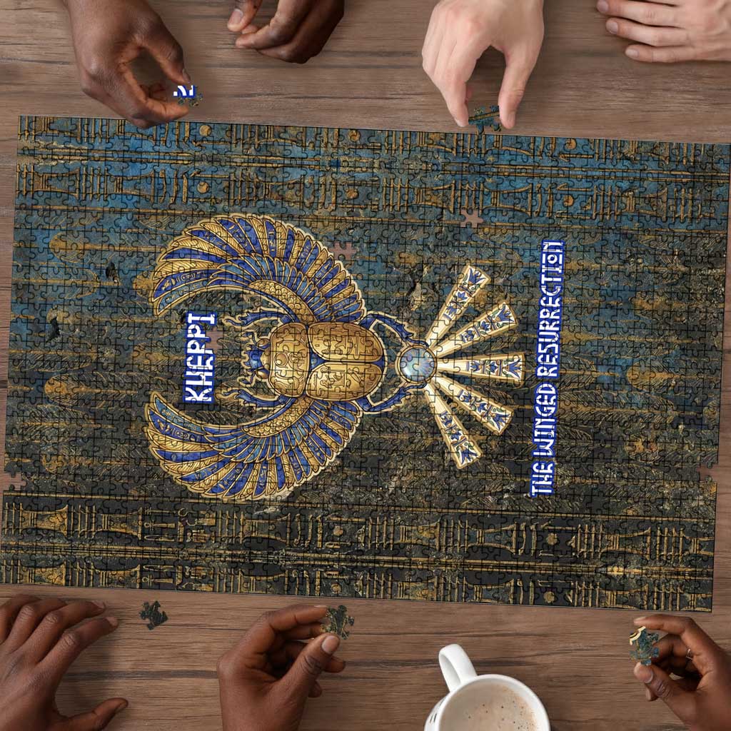 Khepri Ancient Egyptian Puzzle Dark Hieroglyphic, Blue Lotus Eye Symbol, and Winged Scarab Resurrection - African Pride