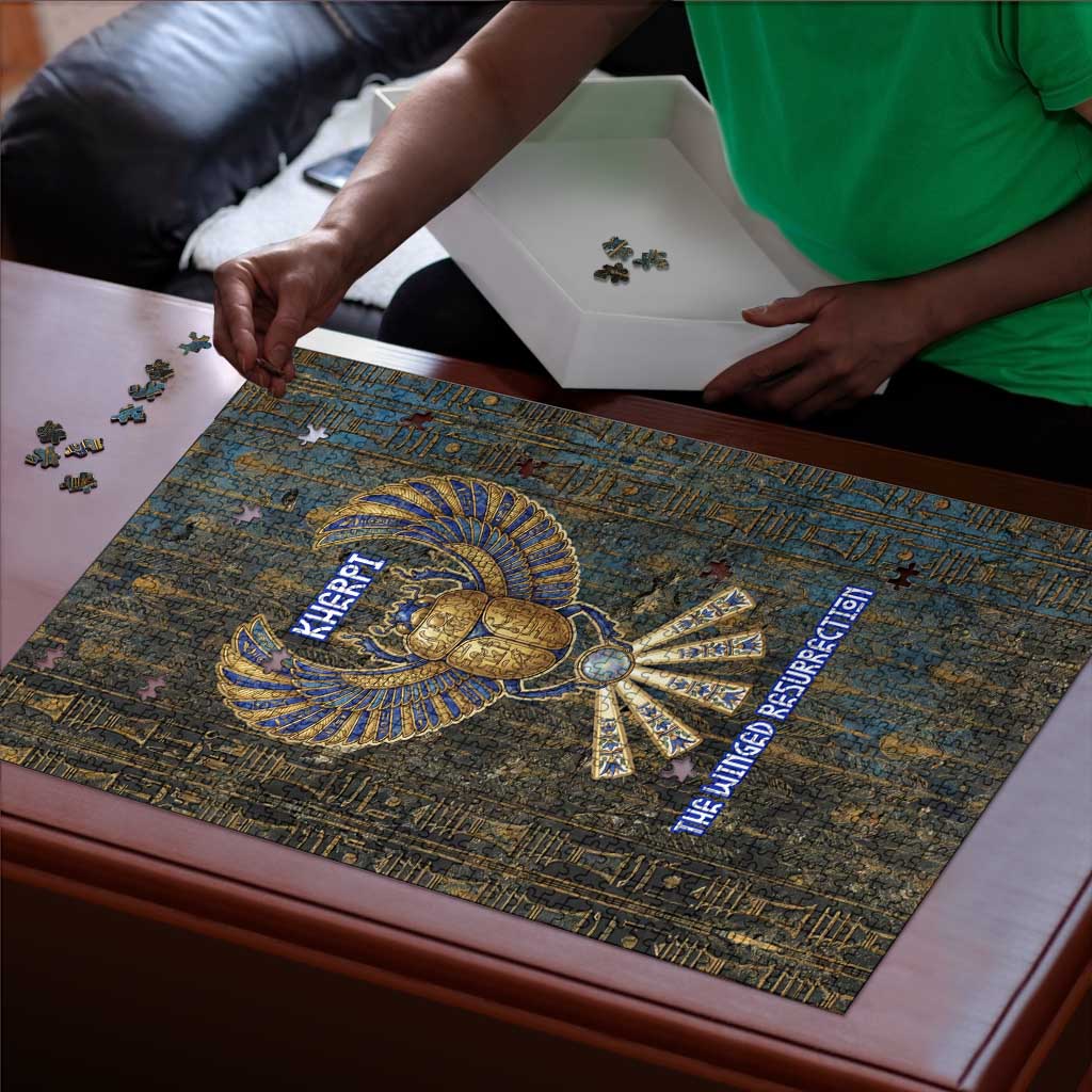 Khepri Ancient Egyptian Puzzle Dark Hieroglyphic, Blue Lotus Eye Symbol, and Winged Scarab Resurrection - African Pride