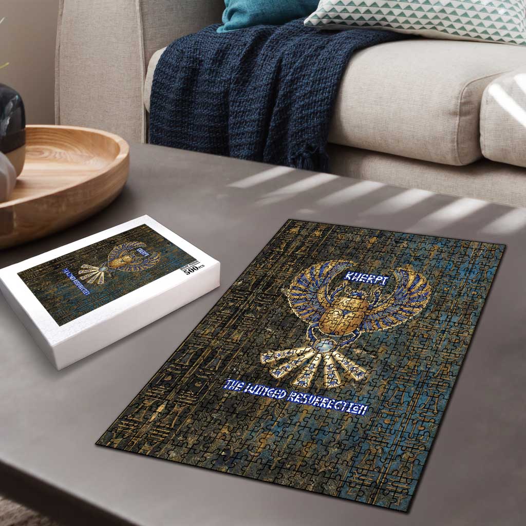 Khepri Ancient Egyptian Puzzle Dark Hieroglyphic, Blue Lotus Eye Symbol, and Winged Scarab Resurrection - African Pride
