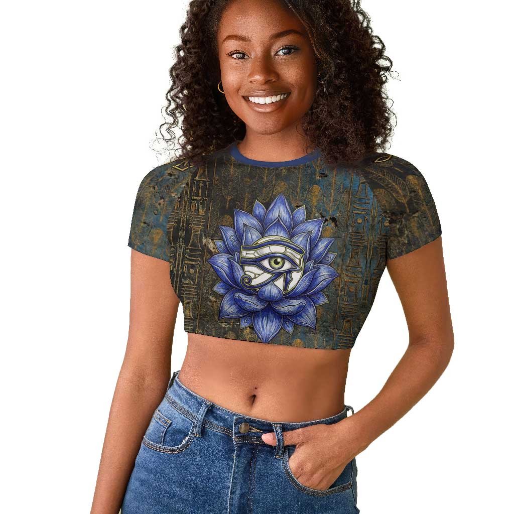 Khepri Ancient Egyptian Raglan Cropped T shirt Dark Hieroglyphic, Blue Lotus Eye Symbol, and Winged Scarab Resurrection - African Pride