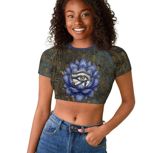 Khepri Ancient Egyptian Raglan Cropped T shirt Dark Hieroglyphic, Blue Lotus Eye Symbol, and Winged Scarab Resurrection - African Pride
