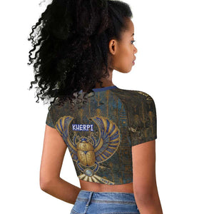 Khepri Ancient Egyptian Raglan Cropped T shirt Dark Hieroglyphic, Blue Lotus Eye Symbol, and Winged Scarab Resurrection - African Pride