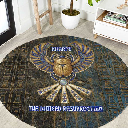 Khepri Ancient Egyptian Round Carpet Dark Hieroglyphic, Blue Lotus Eye Symbol, and Winged Scarab Resurrection - African Pride