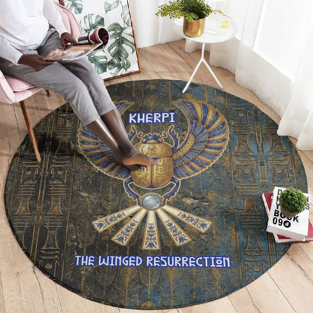 Khepri Ancient Egyptian Round Carpet Dark Hieroglyphic, Blue Lotus Eye Symbol, and Winged Scarab Resurrection - African Pride