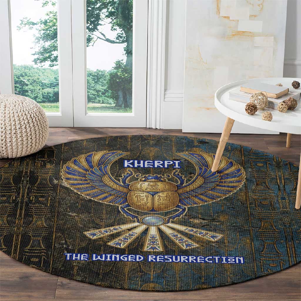 Khepri Ancient Egyptian Round Carpet Dark Hieroglyphic, Blue Lotus Eye Symbol, and Winged Scarab Resurrection - African Pride