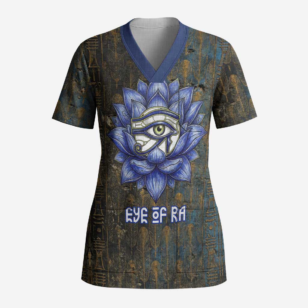 Khepri Ancient Egyptian Scrub Top Dark Hieroglyphic, Blue Lotus Eye Symbol, and Winged Scarab Resurrection - African Pride