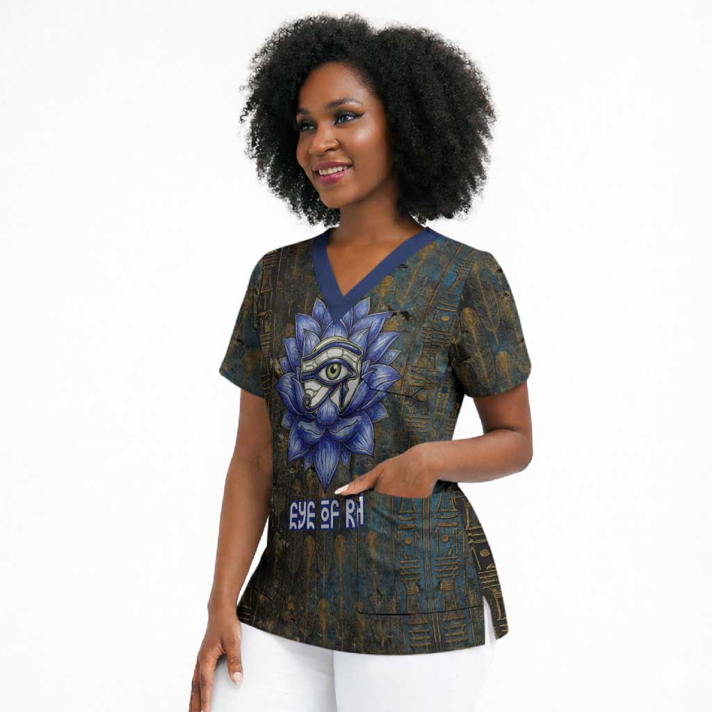 Khepri Ancient Egyptian Scrub Top Dark Hieroglyphic, Blue Lotus Eye Symbol, and Winged Scarab Resurrection - African Pride