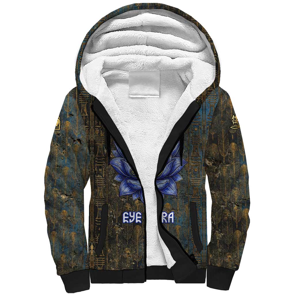 Khepri Ancient Egyptian Sherpa Hoodie Dark Hieroglyphic, Blue Lotus Eye Symbol, and Winged Scarab Resurrection - African Pride