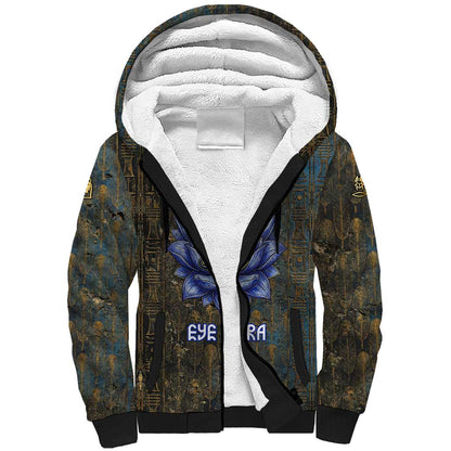 Khepri Ancient Egyptian Sherpa Hoodie Dark Hieroglyphic, Blue Lotus Eye Symbol, and Winged Scarab Resurrection - African Pride