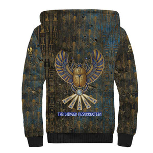 Khepri Ancient Egyptian Sherpa Hoodie Dark Hieroglyphic, Blue Lotus Eye Symbol, and Winged Scarab Resurrection - African Pride