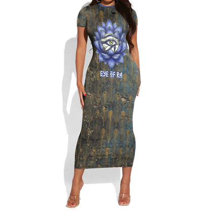 Khepri Ancient Egyptian Short Sleeve Bodycon Dress Dark Hieroglyphic, Blue Lotus Eye Symbol, and Winged Scarab Resurrection - African Pride