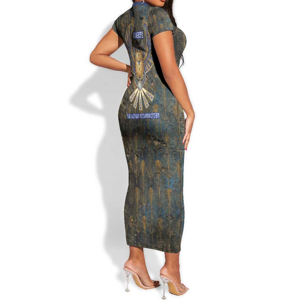 Khepri Ancient Egyptian Short Sleeve Bodycon Dress Dark Hieroglyphic, Blue Lotus Eye Symbol, and Winged Scarab Resurrection - African Pride