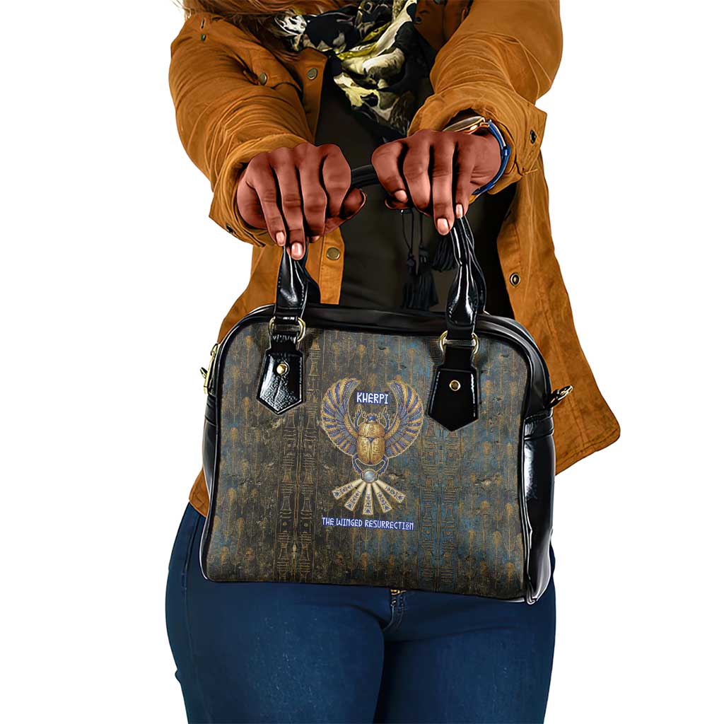 Khepri Ancient Egyptian Shoulder Handbag Dark Hieroglyphic, Blue Lotus Eye Symbol, and Winged Scarab Resurrection - African Pride