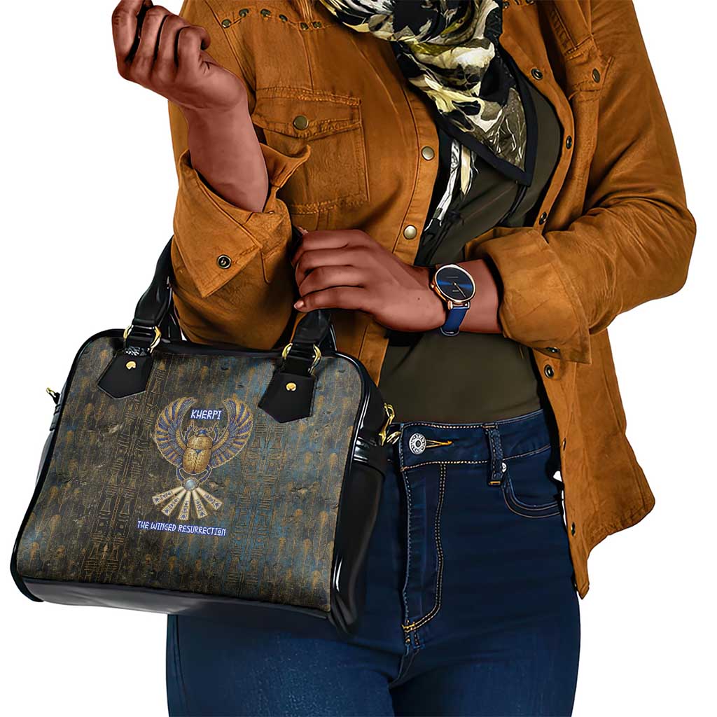 Khepri Ancient Egyptian Shoulder Handbag Dark Hieroglyphic, Blue Lotus Eye Symbol, and Winged Scarab Resurrection - African Pride