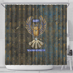 Khepri Ancient Egyptian Shower Curtain Dark Hieroglyphic, Blue Lotus Eye Symbol, and Winged Scarab Resurrection - African Pride