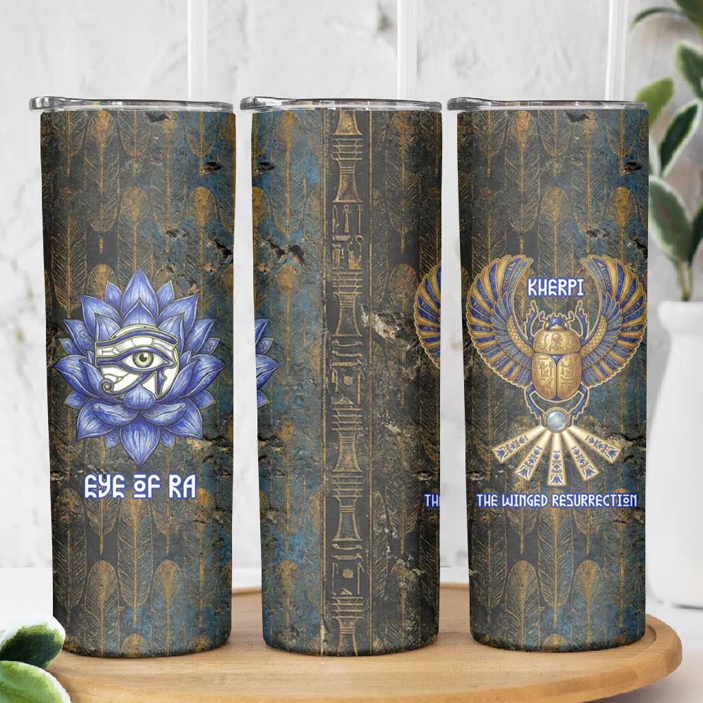 Khepri Ancient Egyptian Skinny Tumbler Dark Hieroglyphic, Blue Lotus Eye Symbol, and Winged Scarab Resurrection - African Pride