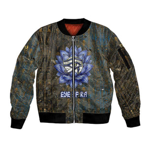 Khepri Ancient Egyptian Sleeve Zip Bomber Jacket Dark Hieroglyphic, Blue Lotus Eye Symbol, and Winged Scarab Resurrection - African Pride