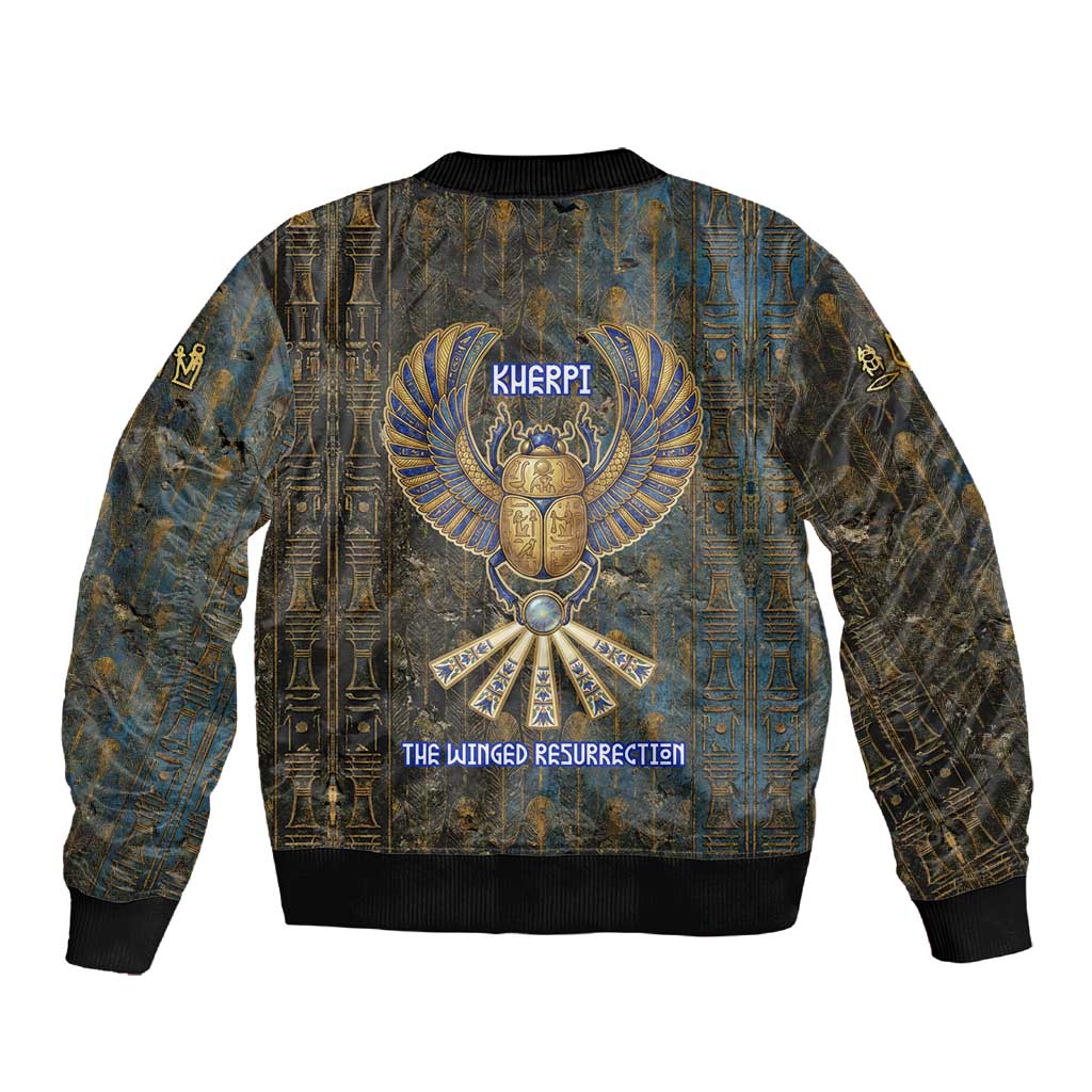 Khepri Ancient Egyptian Sleeve Zip Bomber Jacket Dark Hieroglyphic, Blue Lotus Eye Symbol, and Winged Scarab Resurrection - African Pride