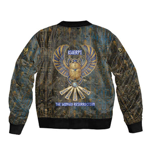 Khepri Ancient Egyptian Sleeve Zip Bomber Jacket Dark Hieroglyphic, Blue Lotus Eye Symbol, and Winged Scarab Resurrection - African Pride
