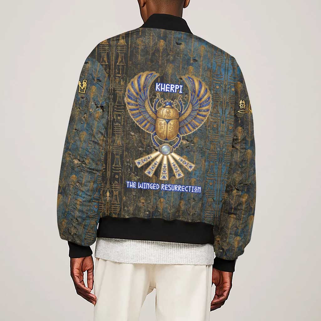 Khepri Ancient Egyptian Sleeve Zip Bomber Jacket Dark Hieroglyphic, Blue Lotus Eye Symbol, and Winged Scarab Resurrection - African Pride