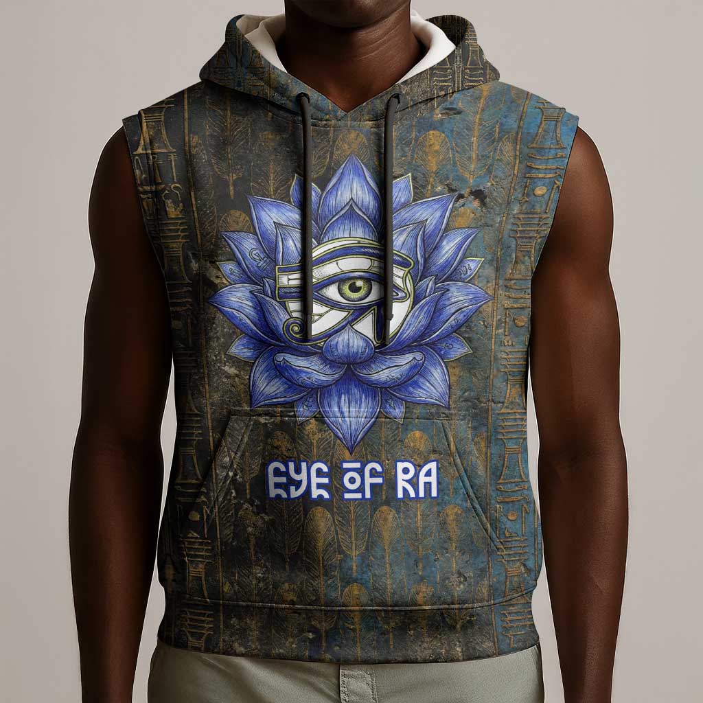 Khepri Ancient Egyptian Sleeveless Hoodie Dark Hieroglyphic, Blue Lotus Eye Symbol, and Winged Scarab Resurrection - African Pride