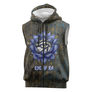 Khepri Ancient Egyptian Sleeveless Zip Hoodie Dark Hieroglyphic, Blue Lotus Eye Symbol, and Winged Scarab Resurrection - African Pride