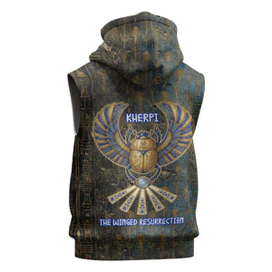 Khepri Ancient Egyptian Sleeveless Zip Hoodie Dark Hieroglyphic, Blue Lotus Eye Symbol, and Winged Scarab Resurrection - African Pride