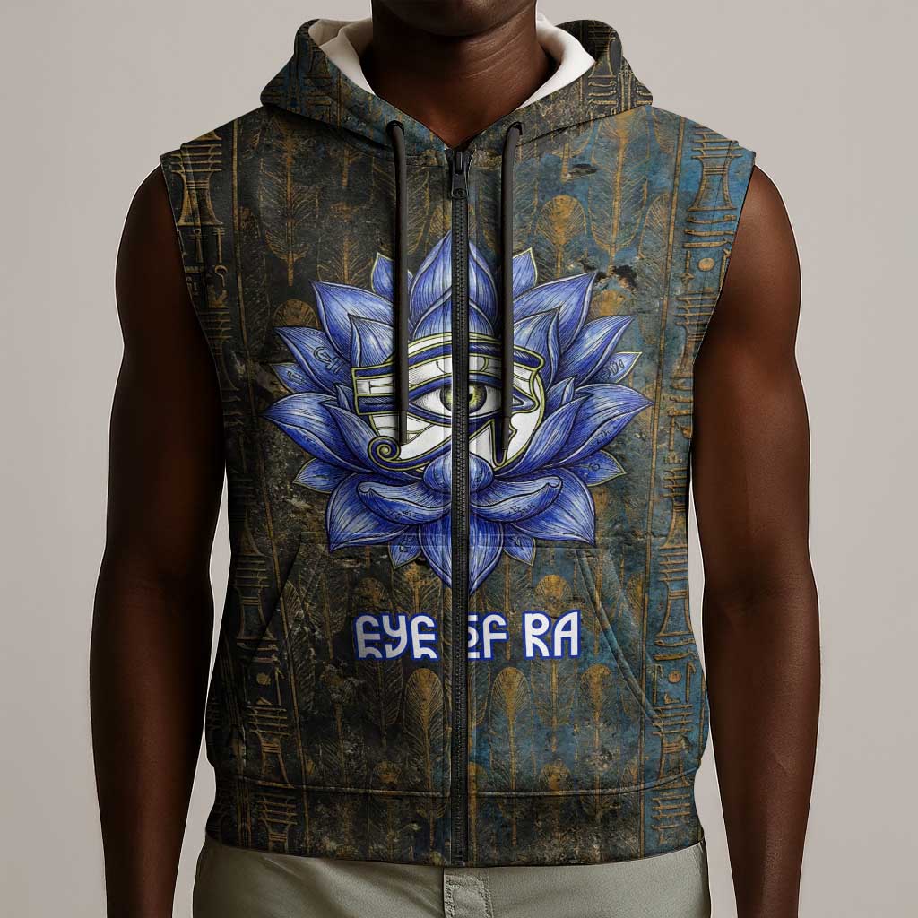 Khepri Ancient Egyptian Sleeveless Zip Hoodie Dark Hieroglyphic, Blue Lotus Eye Symbol, and Winged Scarab Resurrection - African Pride