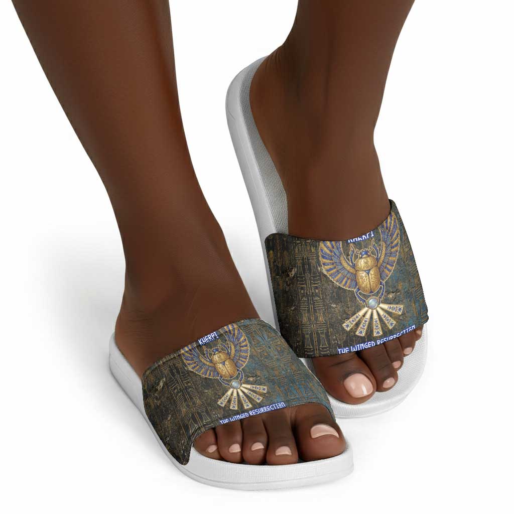 Khepri Ancient Egyptian Slide Sandals Dark Hieroglyphic, Blue Lotus Eye Symbol, and Winged Scarab Resurrection - African Pride