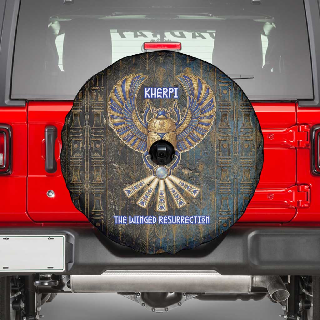Khepri Ancient Egyptian Spare Tire Cover Dark Hieroglyphic, Blue Lotus Eye Symbol, and Winged Scarab Resurrection - African Pride