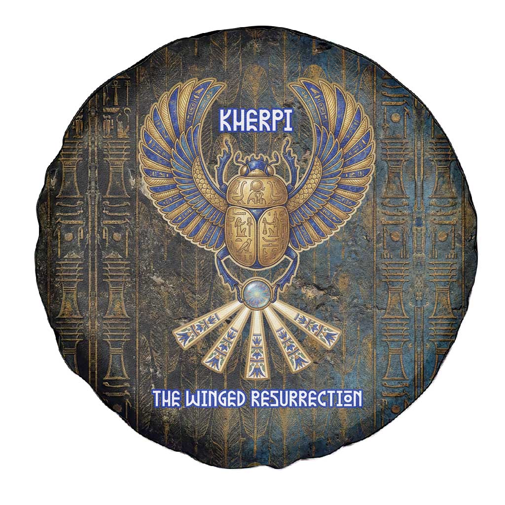 Khepri Ancient Egyptian Spare Tire Cover Dark Hieroglyphic, Blue Lotus Eye Symbol, and Winged Scarab Resurrection - African Pride