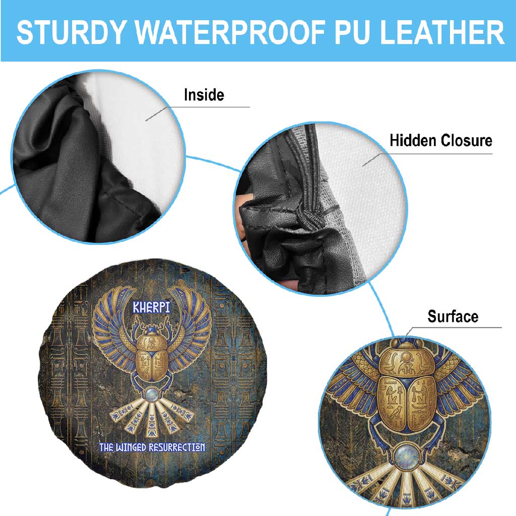 Khepri Ancient Egyptian Spare Tire Cover Dark Hieroglyphic, Blue Lotus Eye Symbol, and Winged Scarab Resurrection - African Pride