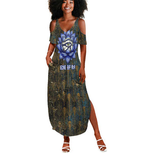 Khepri Ancient Egyptian Summer Maxi Dress Dark Hieroglyphic, Blue Lotus Eye Symbol, and Winged Scarab Resurrection - African Pride