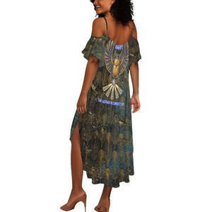 Khepri Ancient Egyptian Summer Maxi Dress Dark Hieroglyphic, Blue Lotus Eye Symbol, and Winged Scarab Resurrection - African Pride