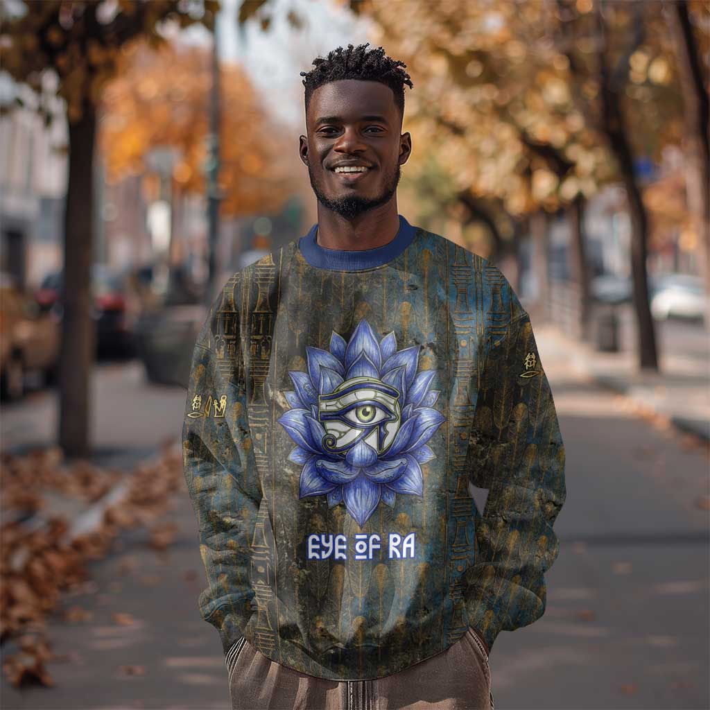 Khepri Ancient Egyptian Sweatshirt Dark Hieroglyphic, Blue Lotus Eye Symbol, and Winged Scarab Resurrection - African Pride