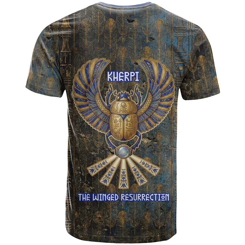 Khepri Ancient Egyptian T shirt Dark Hieroglyphic, Blue Lotus Eye Symbol, and Winged Scarab Resurrection - African Pride