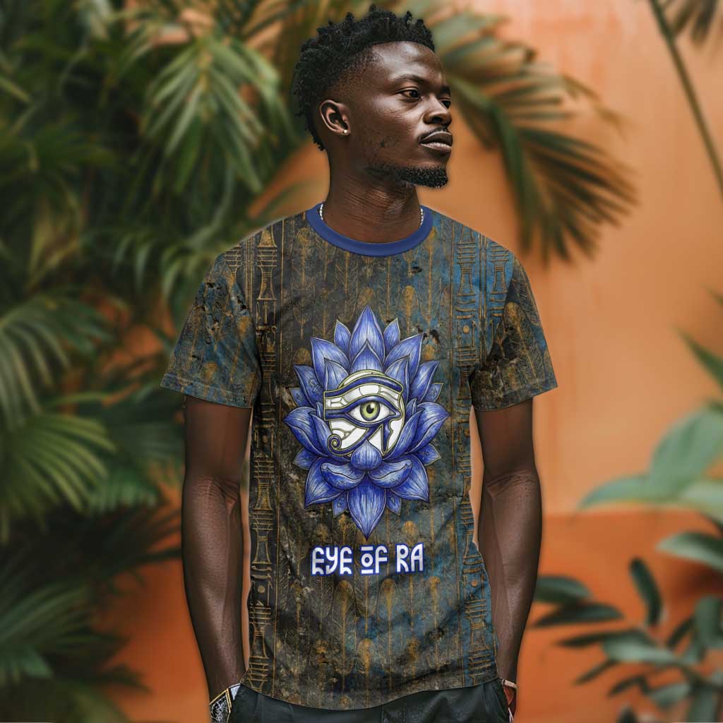 Khepri Ancient Egyptian T shirt Dark Hieroglyphic, Blue Lotus Eye Symbol, and Winged Scarab Resurrection - African Pride