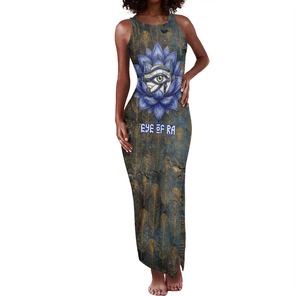 Khepri Ancient Egyptian Tank Maxi Dress Dark Hieroglyphic, Blue Lotus Eye Symbol, and Winged Scarab Resurrection - African Pride