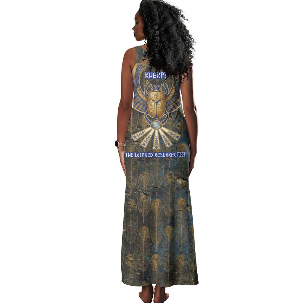 Khepri Ancient Egyptian Tank Maxi Dress Dark Hieroglyphic, Blue Lotus Eye Symbol, and Winged Scarab Resurrection - African Pride