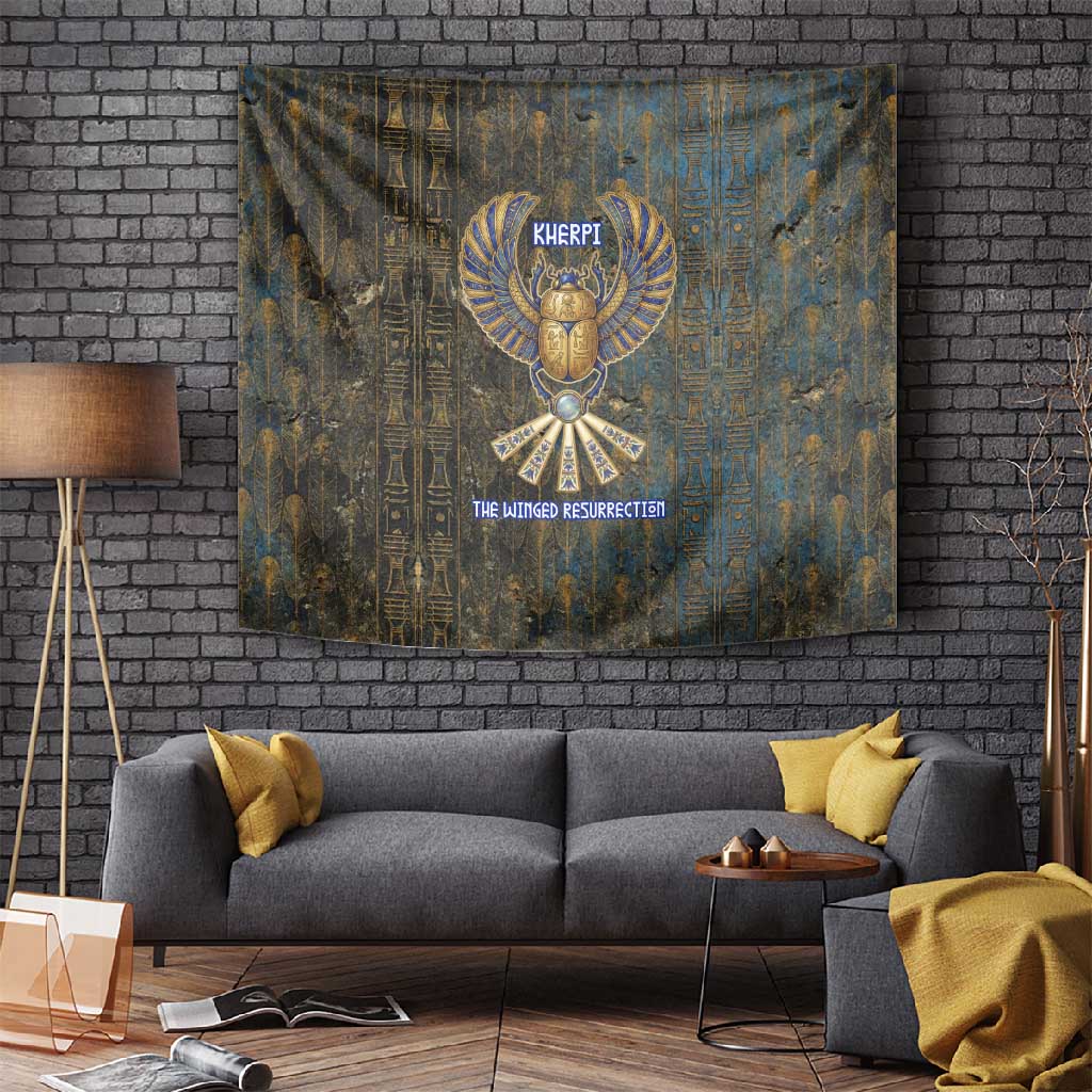 Khepri Ancient Egyptian Tapestry Dark Hieroglyphic, Blue Lotus Eye Symbol, and Winged Scarab Resurrection - African Pride