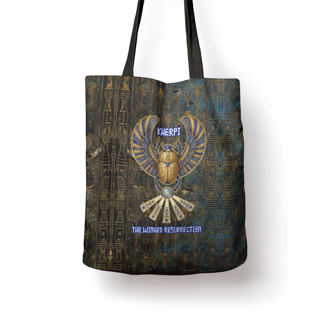 Khepri Ancient Egyptian Tote Bag Dark Hieroglyphic, Blue Lotus Eye Symbol, and Winged Scarab Resurrection - African Pride