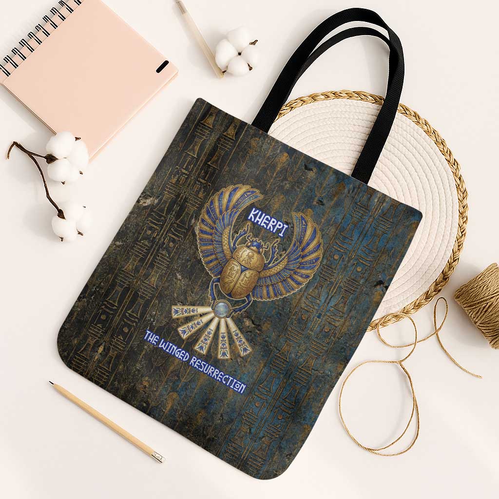 Khepri Ancient Egyptian Tote Bag Dark Hieroglyphic, Blue Lotus Eye Symbol, and Winged Scarab Resurrection - African Pride