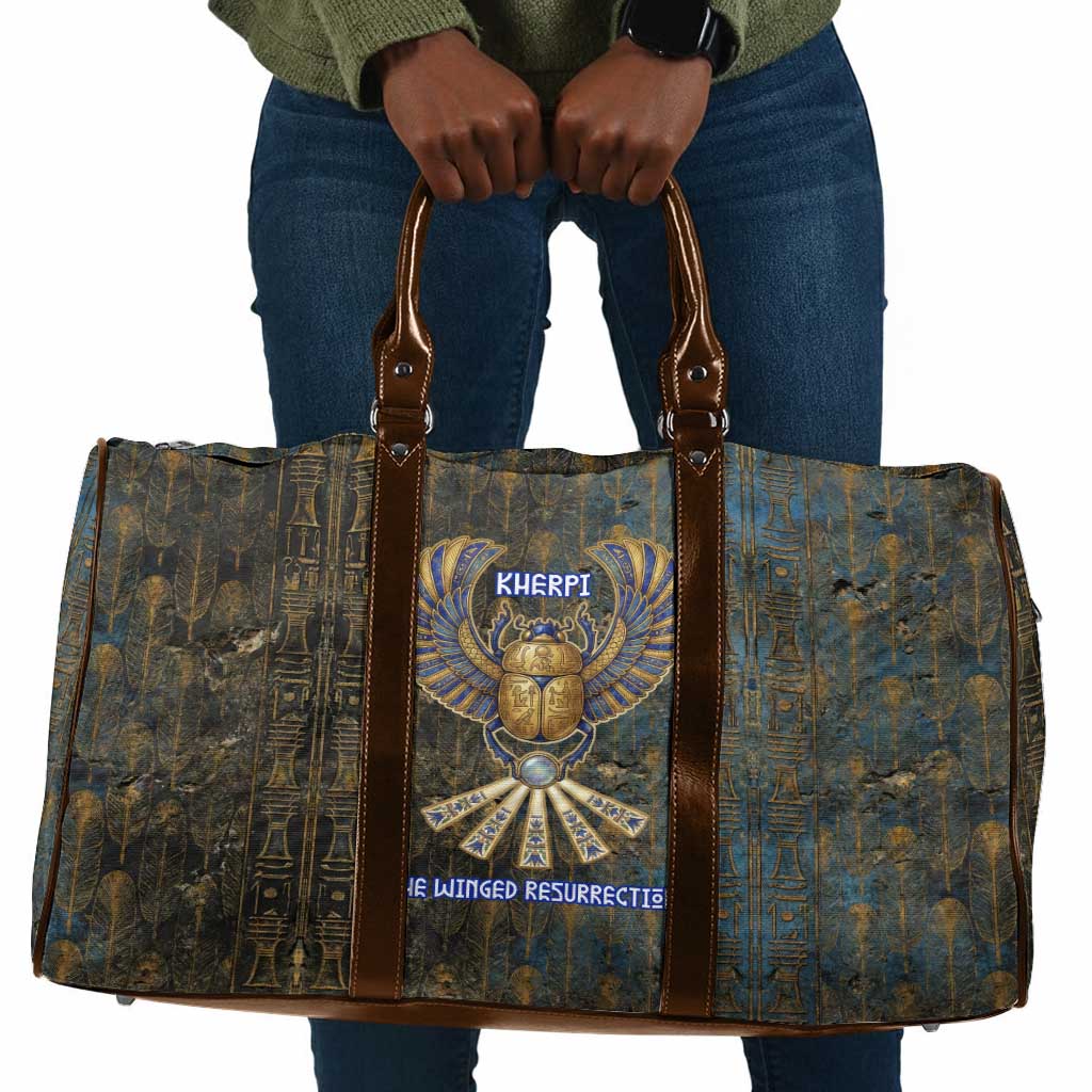 Khepri Ancient Egyptian Travel Bag Dark Hieroglyphic, Blue Lotus Eye Symbol, and Winged Scarab Resurrection - African Pride