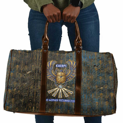 Khepri Ancient Egyptian Travel Bag Dark Hieroglyphic, Blue Lotus Eye Symbol, and Winged Scarab Resurrection - African Pride