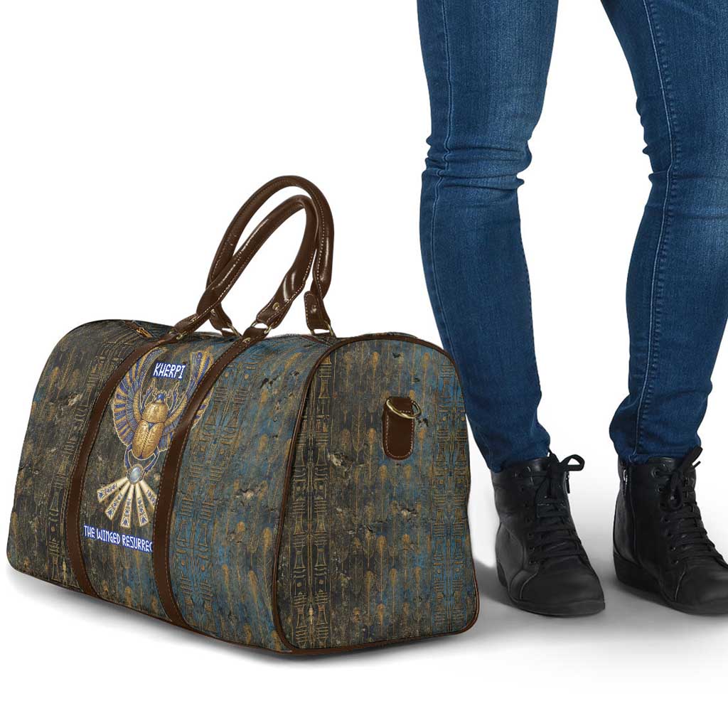 Khepri Ancient Egyptian Travel Bag Dark Hieroglyphic, Blue Lotus Eye Symbol, and Winged Scarab Resurrection - African Pride