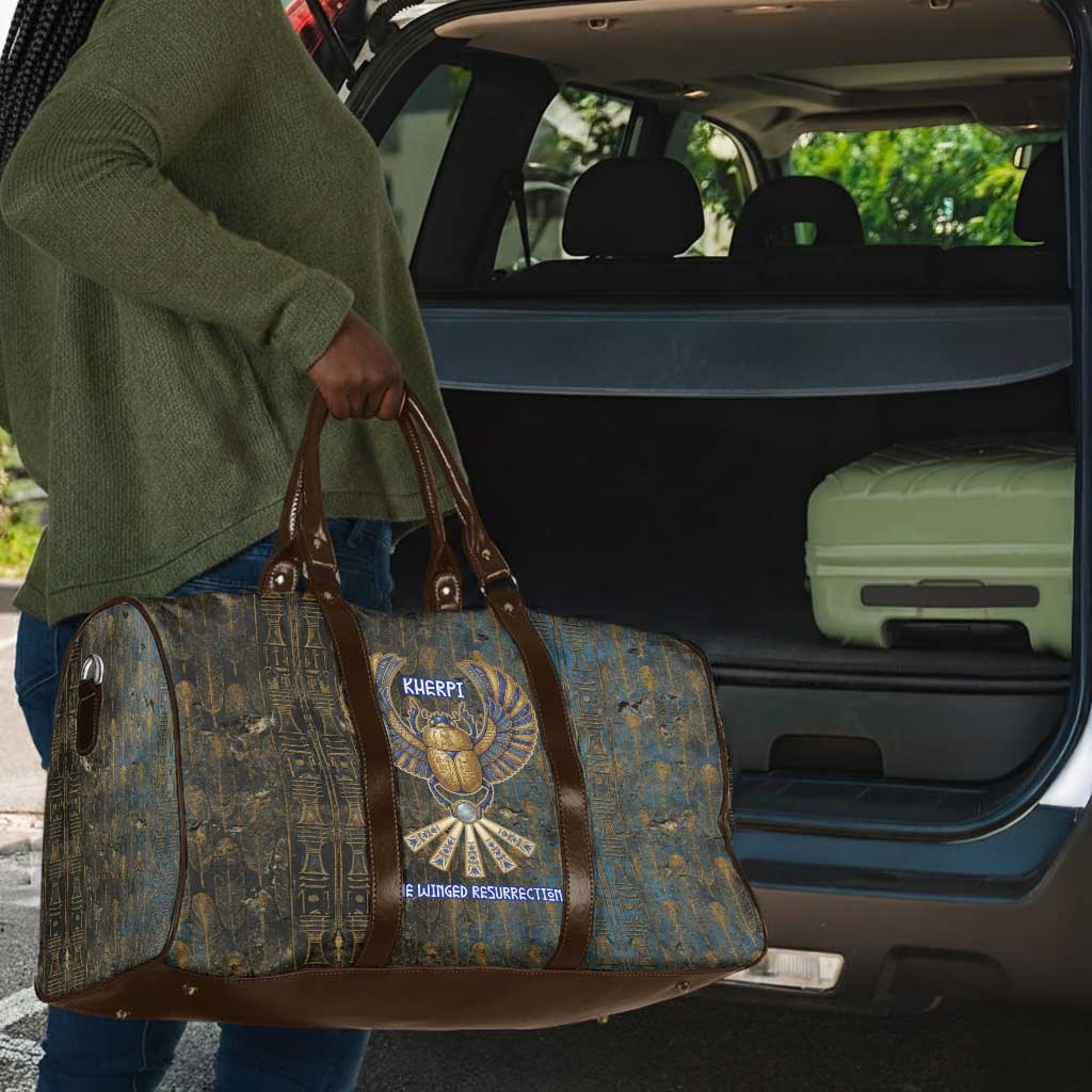 Khepri Ancient Egyptian Travel Bag Dark Hieroglyphic, Blue Lotus Eye Symbol, and Winged Scarab Resurrection - African Pride