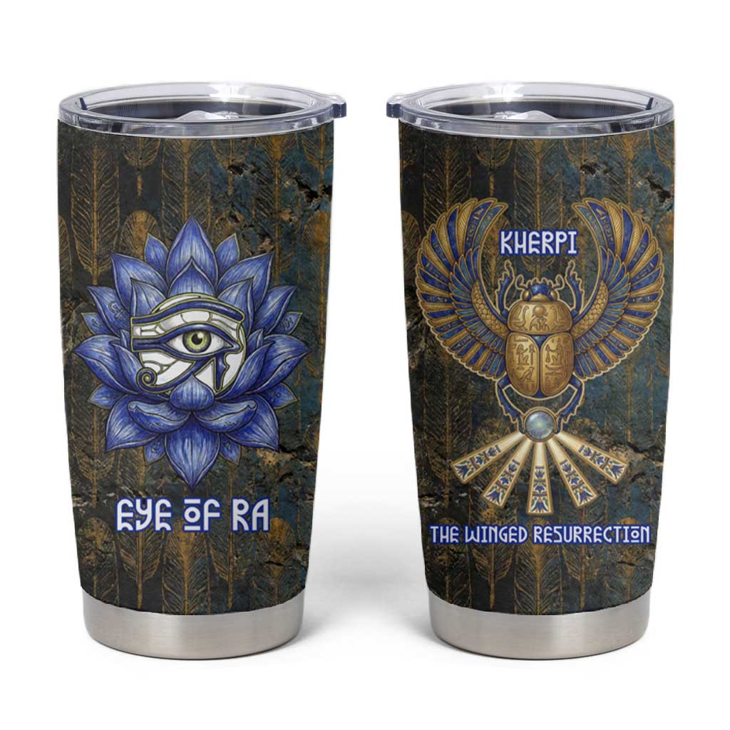 Khepri Ancient Egyptian Tumbler Cup Dark Hieroglyphic, Blue Lotus Eye Symbol, and Winged Scarab Resurrection - African Pride